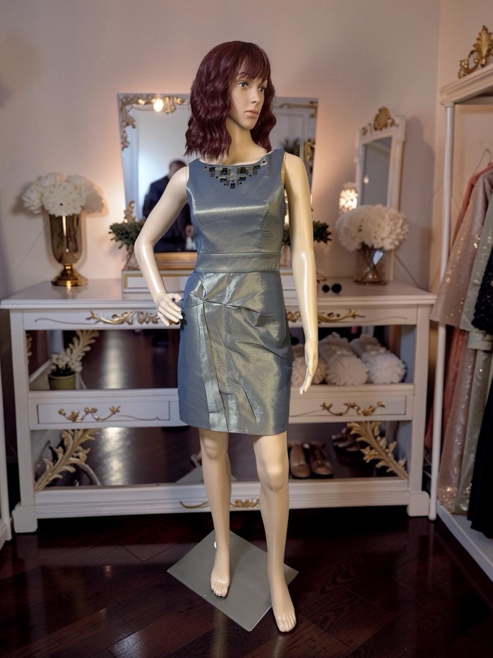 Max & Cleo EUC Sz 2 Stunning Black Silver Sleeveless Fitted Mini Dress (0845)